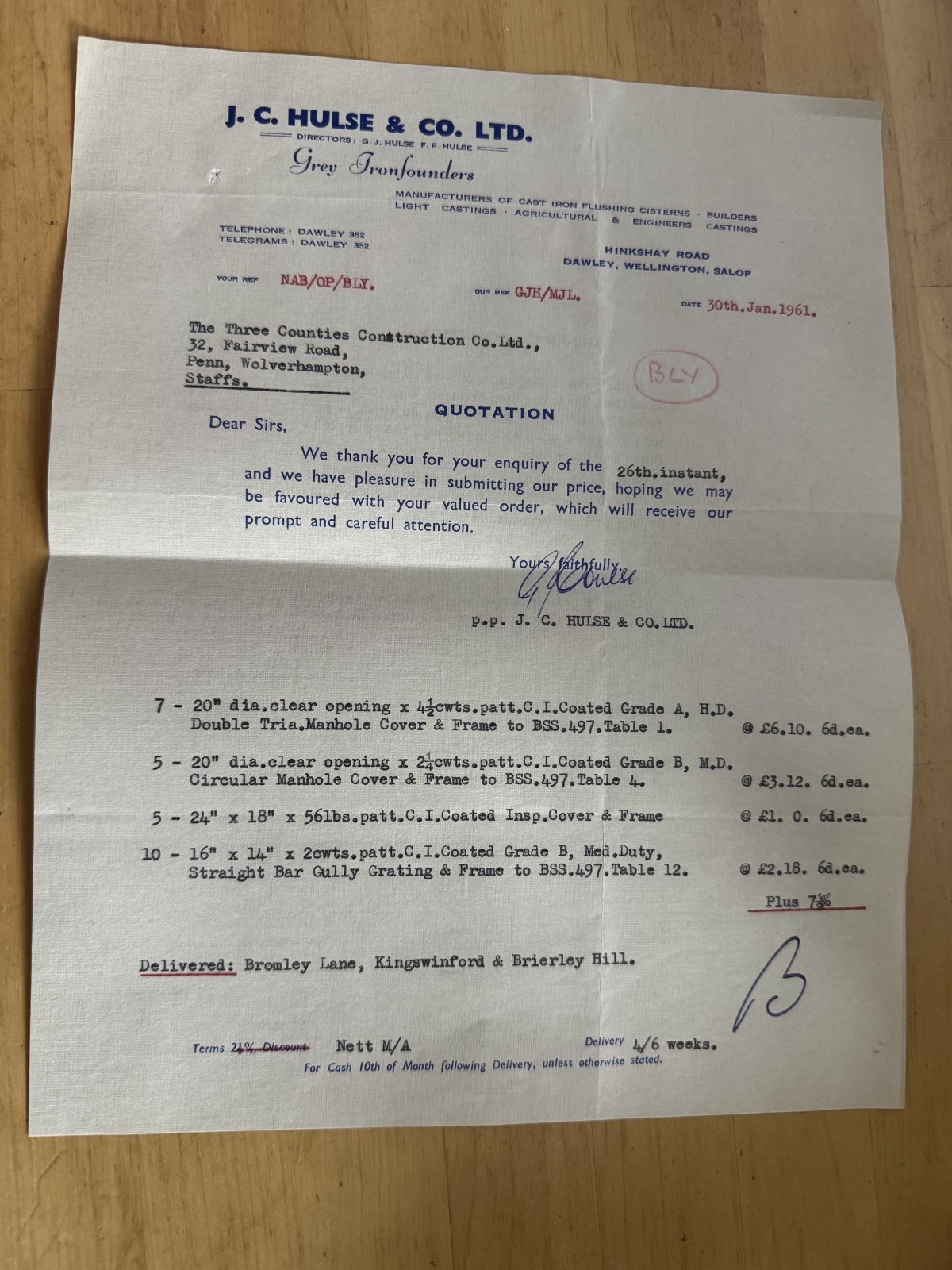Ephemera - J.C. Hulse & Co Grey Ironfounders Dawley Wellington Shropshire 1961