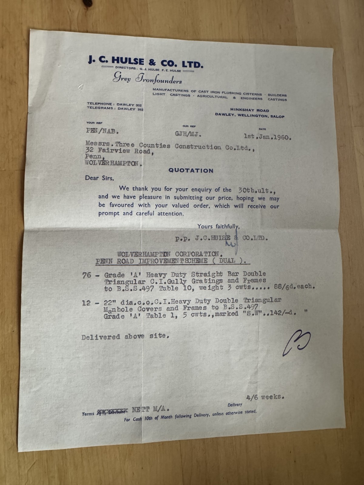 Ephemera - J.C. Hulse & Co Grey Ironfounders Dawley Wellington Shropshire 1960