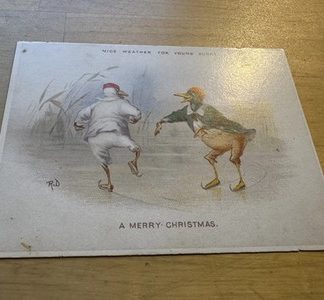 Ephemera - Merry Christmas Dancing Ducks Artwork Vintage Gift Card c1980